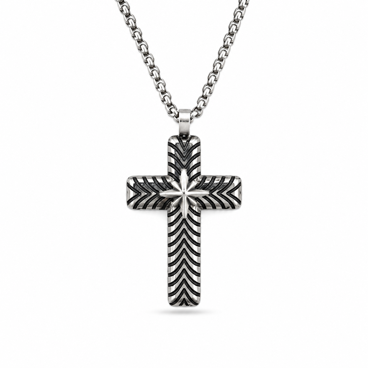 CHEVRON STAR CROSS PENDANT — ΑΝΔΡΙΚΟ ΚΟΛΙΕ ΣΤΑΥΡΟΣ ΑΤΣΑΛΙ ΣΚΟΥΡΟ CHEVRON ΑΣΤΕΡΙ