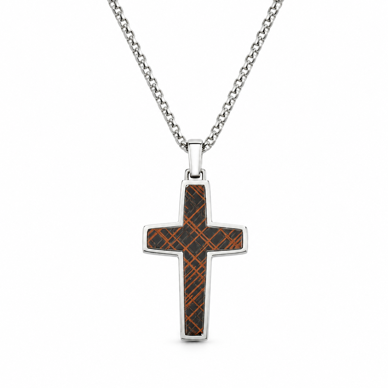 CARBON PLAID CROSS PENDANT — ΑΝΔΡΙΚΟ ΚΟΛΙΕ ΣΤΑΥΡΟΣ ΑΤΣΑΛΙ CARBON FIBER ΚΑΡΩ