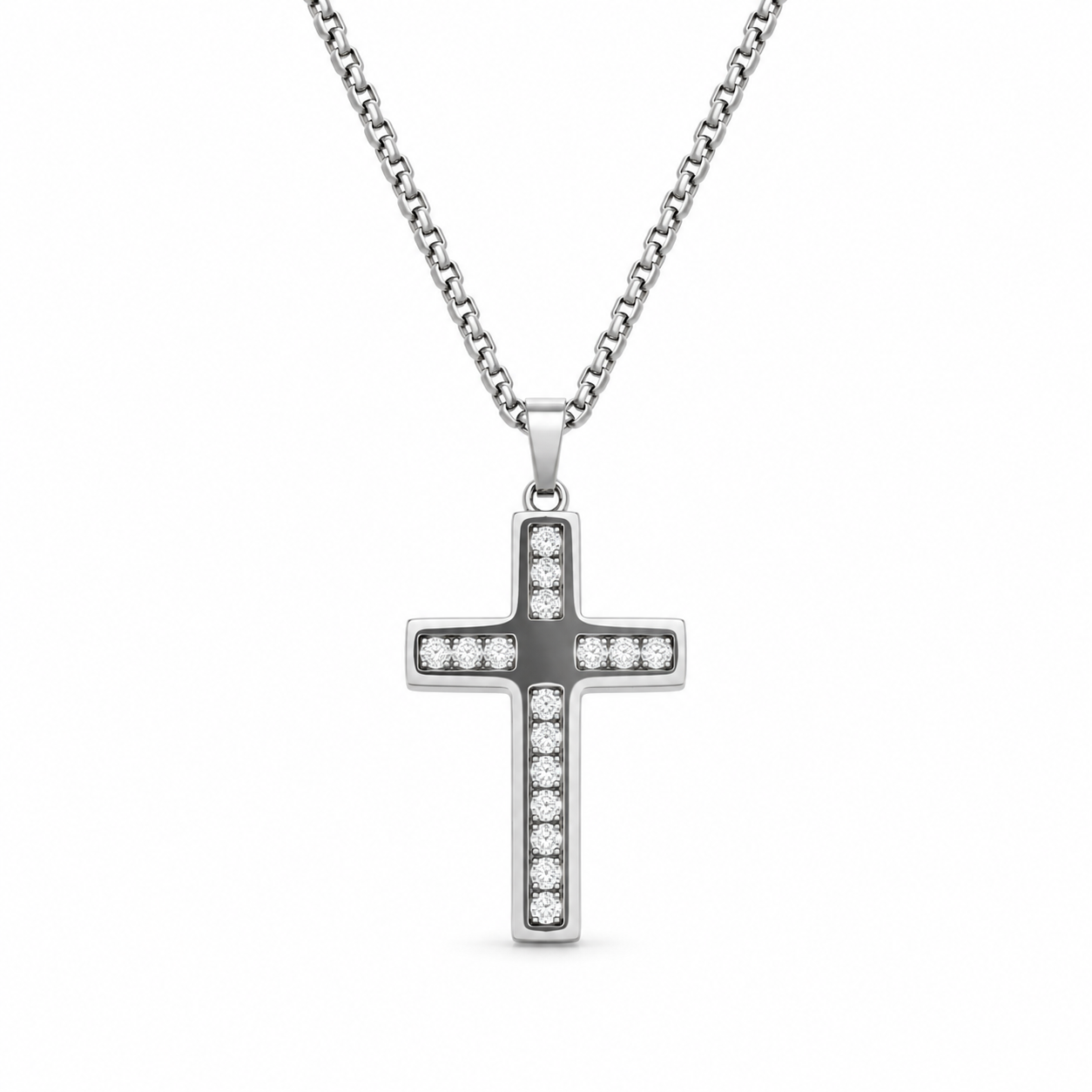 CRYSTAL CHANNEL CROSS PENDANT — ΑΝΔΡΙΚΟ ΚΟΛΙΕ ΣΤΑΥΡΟΣ ΑΤΣΑΛΙ ΜΑΥΡΟ ΛΕΥΚΕΣ ΠΕΤΡΕΣ
