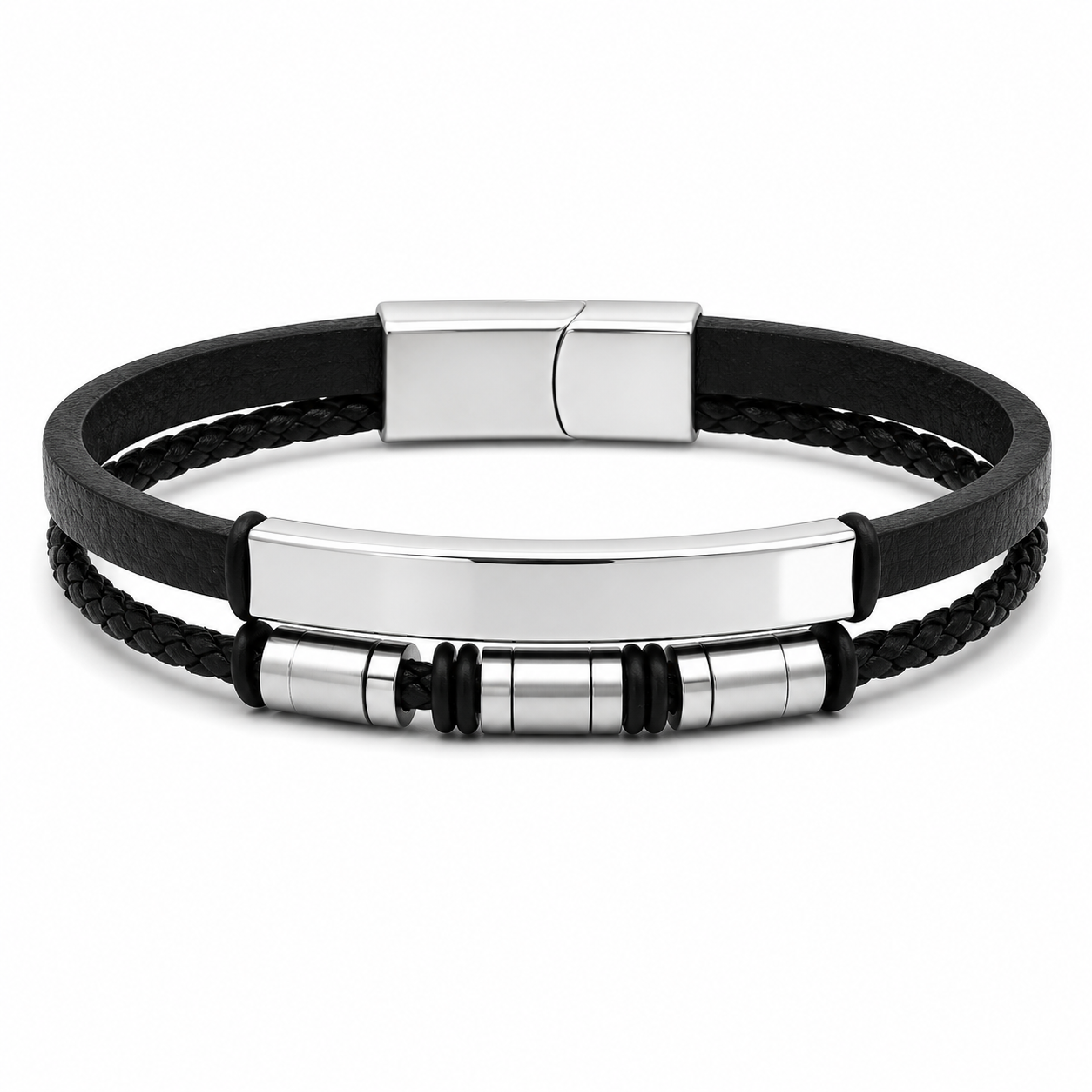 LEATHER STEEL LAYERED BRACELET — ΑΝΔΡΙΚΟ ΒΡΑΧΙΟΛΙ ΜΑΥΡΟ ΔΕΡΜΑ STAINLESS STEEL