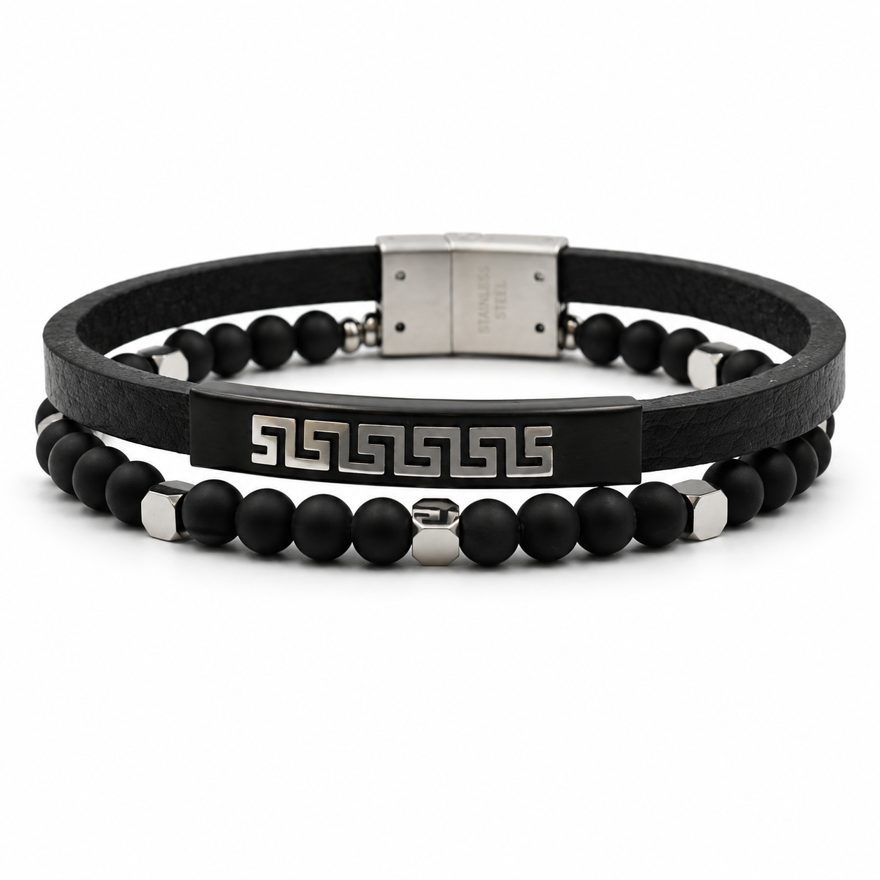 GREEK KEY & ONYX LAYERED BRACELET — ΑΝΔΡΙΚΟ ΒΡΑΧΙΟΛΙ ΔΕΡΜΑ ΜΑΙΑΝΔΡΟΣ ΟΝΥΧΑΣ