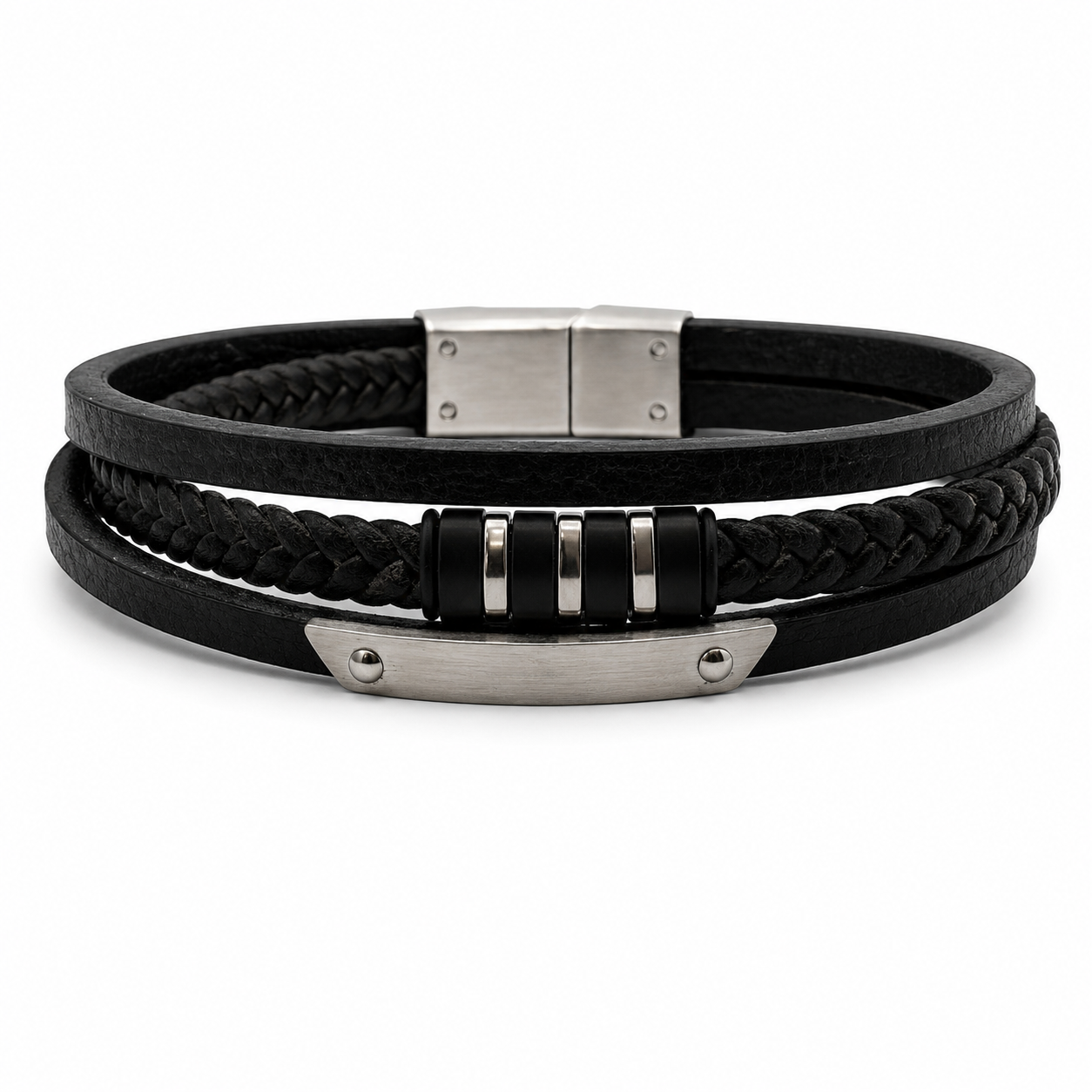 TRIPLE LEATHER ID BRACELET — ΑΝΔΡΙΚΟ ΒΡΑΧΙΟΛΙ ΤΡΙΠΛΟ ΔΕΡΜΑ STAINLESS STEEL ΠΛΑΚΑ