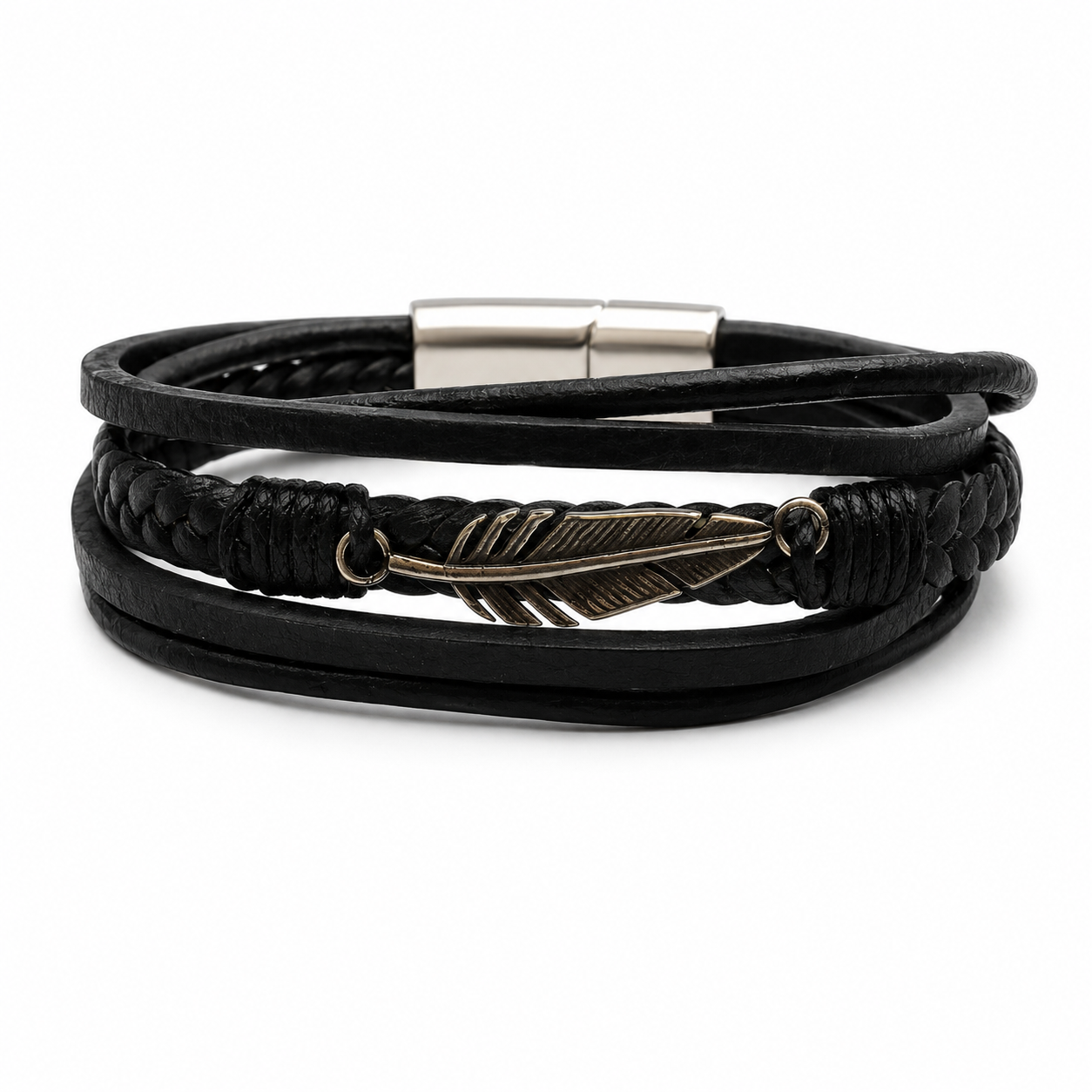 FEATHER WRAP LEATHER BRACELET — ΑΝΔΡΙΚΟ ΒΡΑΧΙΟΛΙ ΜΑΥΡΟ ΔΕΡΜΑ ΦΤΕΡΟ STAINLESS STEEL