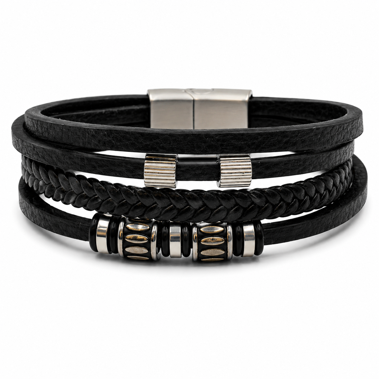 MULTI-STRAND LEATHER BEAD BRACELET — ΑΝΔΡΙΚΟ ΒΡΑΧΙΟΛΙ ΤΡΙΠΛΟ ΔΕΡΜΑ ΑΤΣΑΛΙΝΑ ΣΤΟΙΧΕΙΑ
