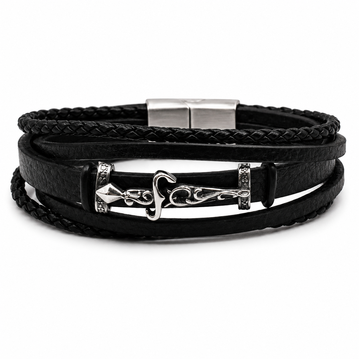 SWORD LEATHER LAYERED BRACELET — ΑΝΔΡΙΚΟ ΒΡΑΧΙΟΛΙ ΤΡΙΠΛΟ ΔΕΡΜΑ ΣΠΑΘΙ STAINLESS STEEL