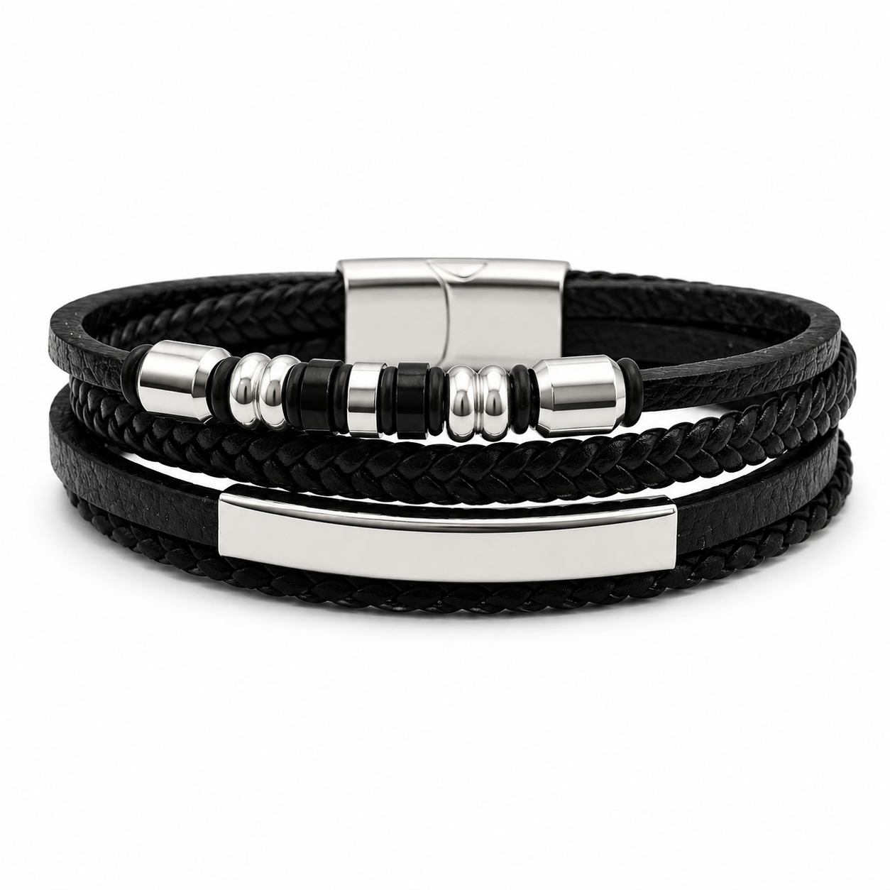 BAR & BEADS LEATHER LAYERED BRACELET — ΑΝΔΡΙΚΟ ΒΡΑΧΙΟΛΙ ΤΕΤΡΑΠΛΟ ΔΕΡΜΑ ΠΛΑΚΑ ΑΤΣΑΛΙ
