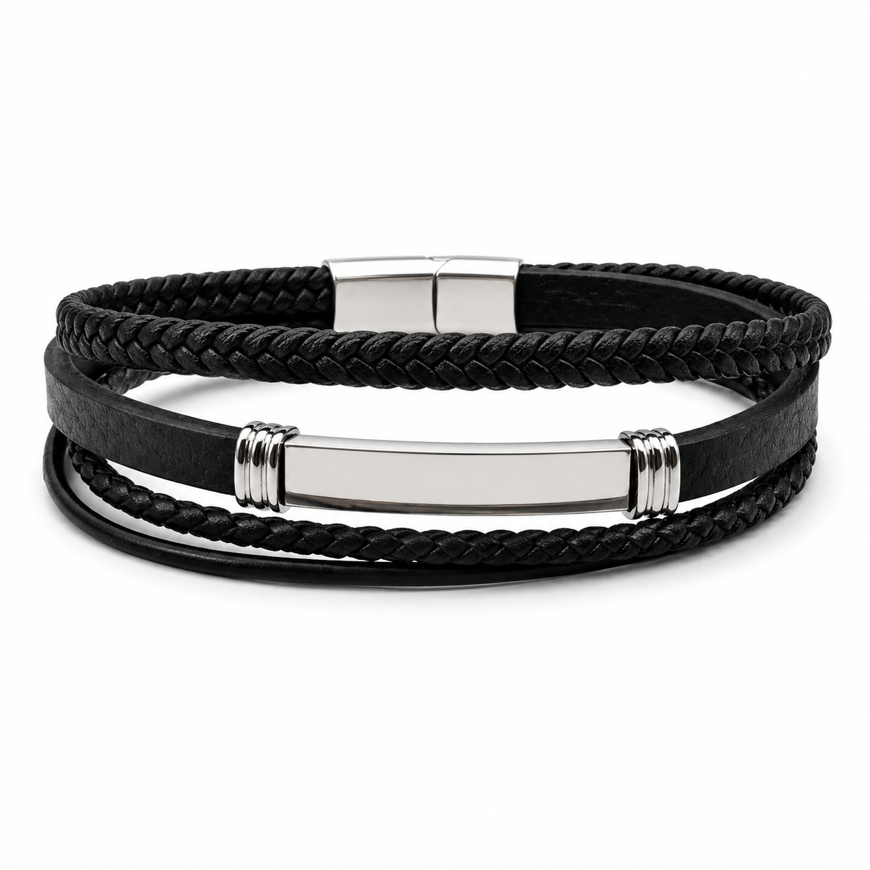 ID BAR BRAIDED LEATHER BRACELET — ΑΝΔΡΙΚΟ ΒΡΑΧΙΟΛΙ ΤΕΤΡΑΠΛΟ ΔΕΡΜΑ ID ΠΛΑΚΑ STAINLESS STEEL