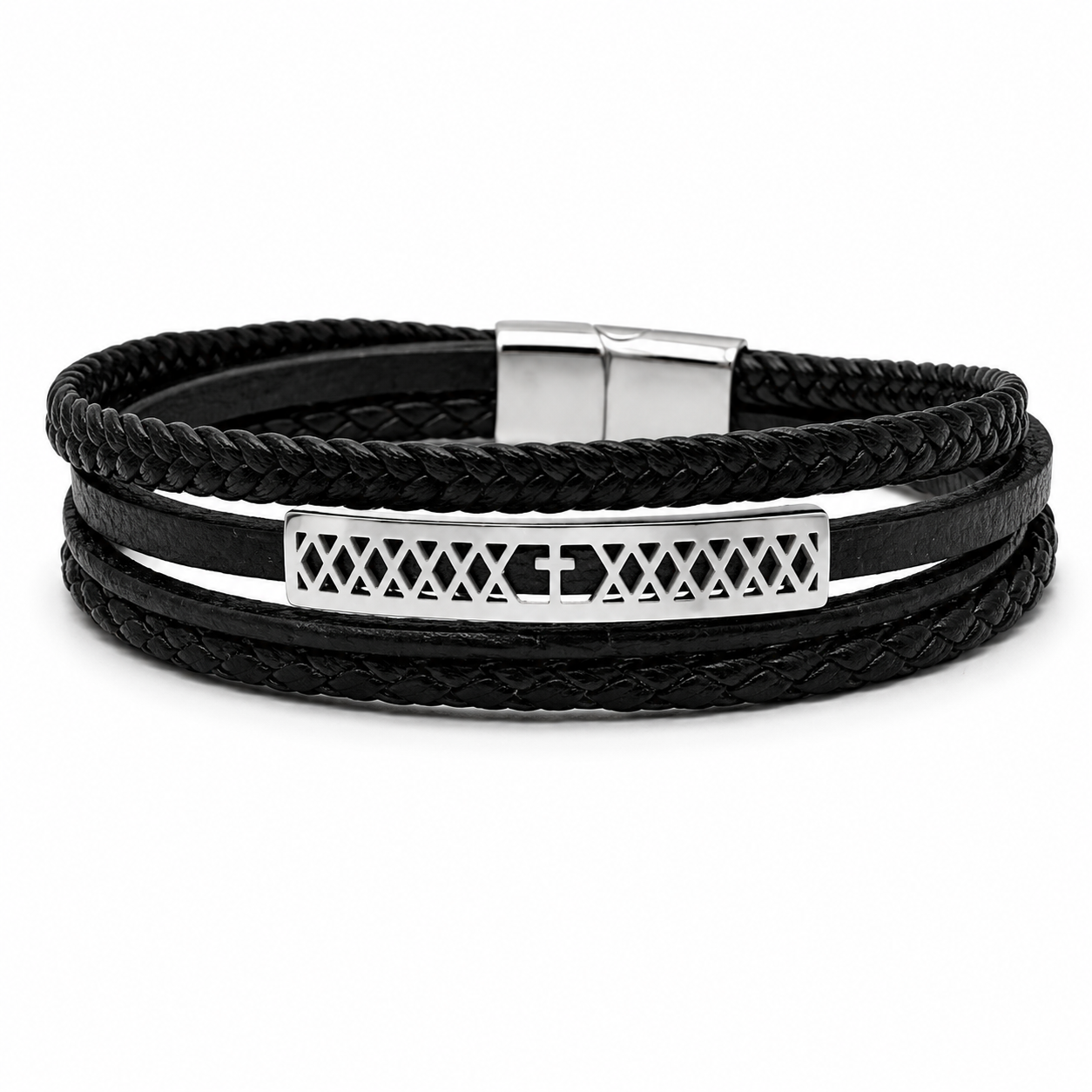 CROSS BAR BRAIDED LEATHER BRACELET — ΑΝΔΡΙΚΟ ΒΡΑΧΙΟΛΙ ΤΕΤΡΑΠΛΟ ΔΕΡΜΑ ΣΤΑΥΡΟΣ STAINLESS STEEL