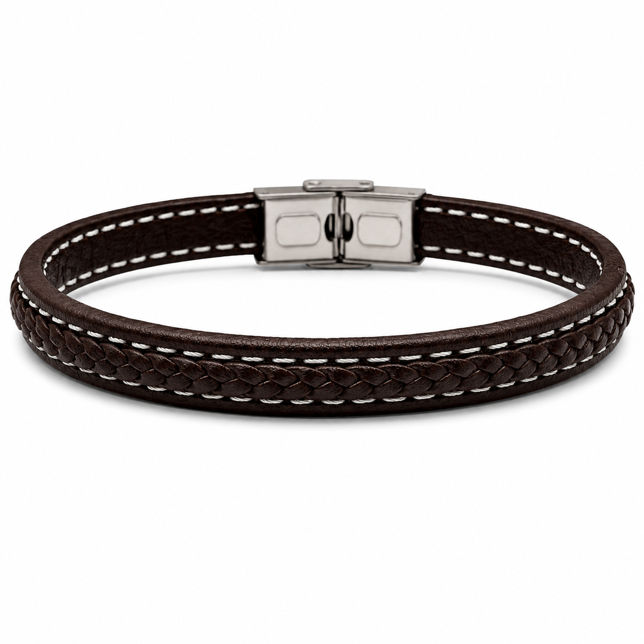 STITCHED LEATHER BRACELET — ΑΝΔΡΙΚΟ ΒΡΑΧΙΟΛΙ ΚΑΦΕ ΔΕΡΜΑ ΛΕΥΚΕΣ ΡΑΦΕΣ STAINLESS STEEL