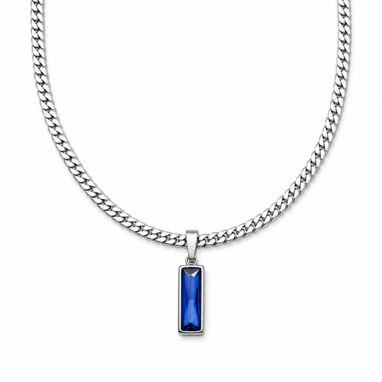 BLUE BAGUETTE PENDANT NECKLACE — ΑΝΔΡΙΚΟ ΚΟΛΙΕ ΑΤΣΑΛΙ ΜΠΛΕ BAGUETTE ΖΙΡΓΚΟΝ