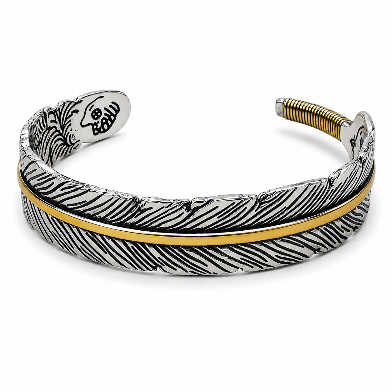 FEATHER CUFF BANGLE — ΑΝΔΡΙΚΟ BANGLE ΦΤΕΡΟ ΔΙΧΡΩΜΟ ΑΣΗΜΙ ΧΡΥΣΟ