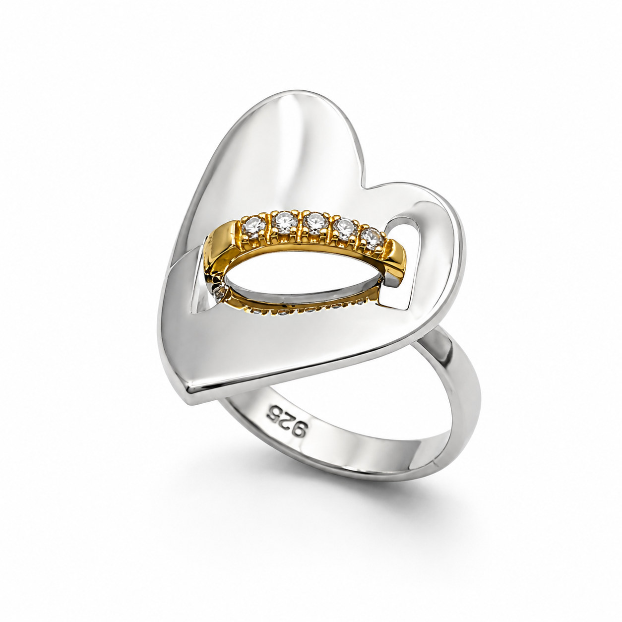HEART GOLD BAND RING — ΔΑΧΤΥΛΙΔΙ ΑΣΗΜΙ 925 ΡΟΔΙΟ & ΕΠΙΧΡΥΣΟ ΚΑΡΔΙΑ ΜΕ ΖΙΡΓΚΟΝ