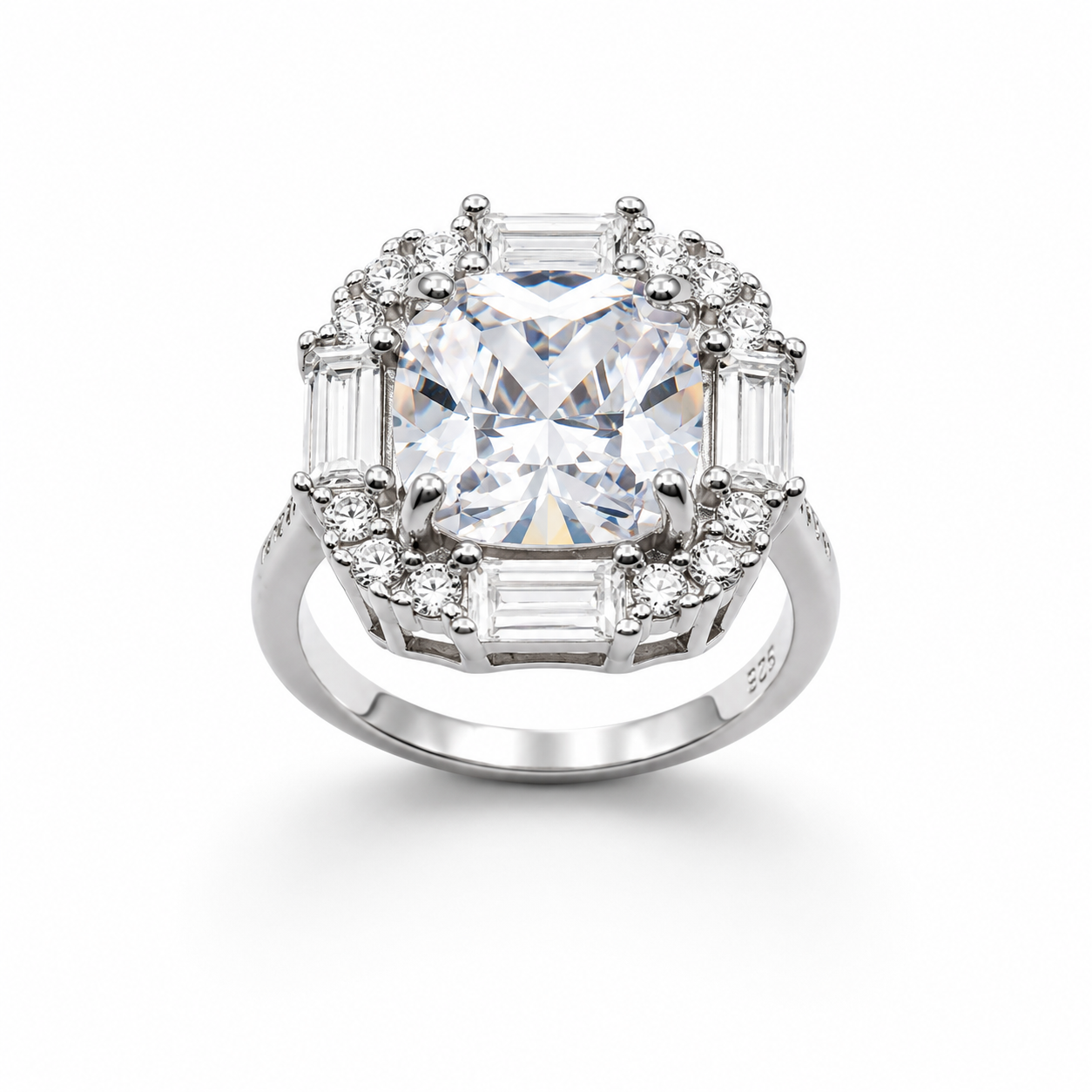 PRINCESS HALO BAGUETTE RING — ΔΑΧΤΥΛΙΔΙ ΑΣΗΜΙ 925 ΡΟΔΙΟ ΚΕΝΤΡΙΚΗ ΠΕΤΡΑ ΜΕ HALO ΖΙΡΓΚΟΝ