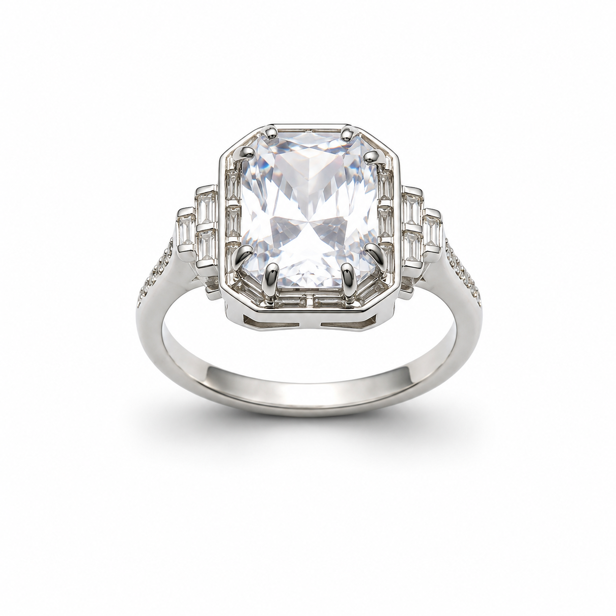 ART DECO EMERALD CUT RING — ΔΑΧΤΥΛΙΔΙ ΑΣΗΜΙ 925 ΡΟΔΙΟ ΚΕΝΤΡΙΚΗ ΠΕΤΡΑ ART DECO ΜΕ ΖΙΡΓΚΟΝ