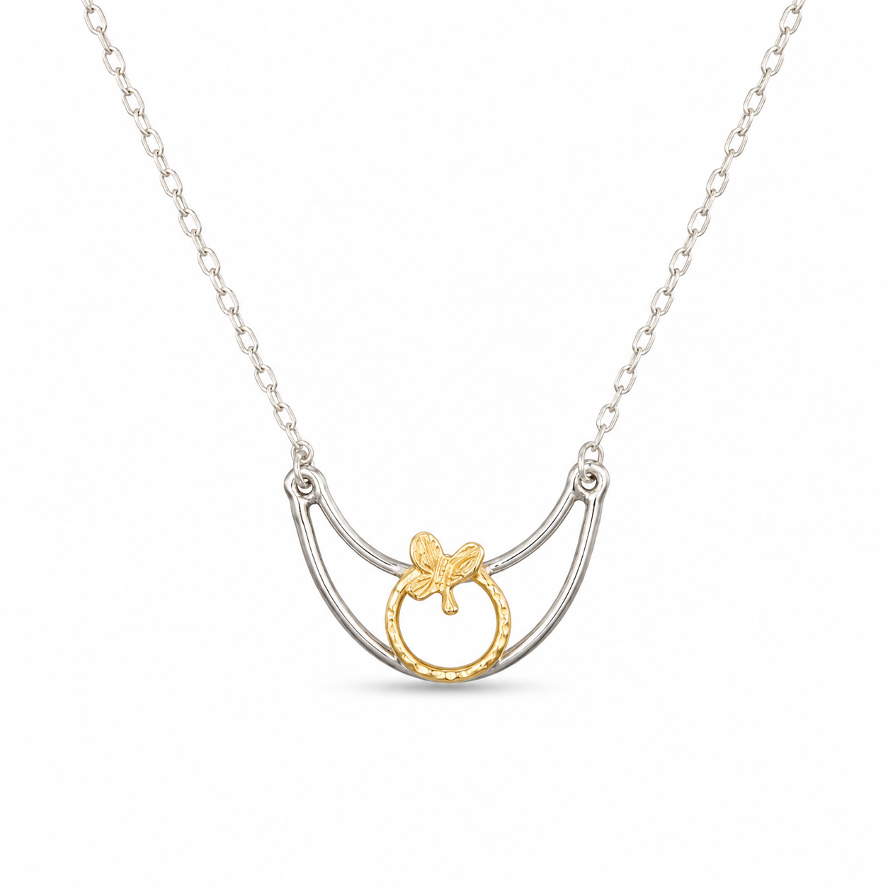 CRESCENT BUTTERFLY RING NECKLACE — ΚΟΛΙΕ ΑΣΗΜΙ 925 ΡΟΔΙΟ & ΕΠΙΧΡΥΣΟ ΗΜΙΣΕΛΗΝΟΣ ΜΕ ΠΕΤΑΛΟΥΔΑ