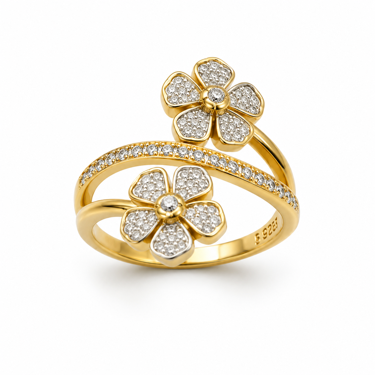 TWIN BLOSSOM PAVE — ΔΑΧΤΥΛΙΔΙ ΑΣΗΜΙ 925 ΕΠΙΧΡΥΣΩΜΕΝΟ ΔΙΠΛΟ ΛΟΥΛΟΥΔΙ ΜΕ ΠΑΒΕ ΖΙΡΚΟΝΙΑ