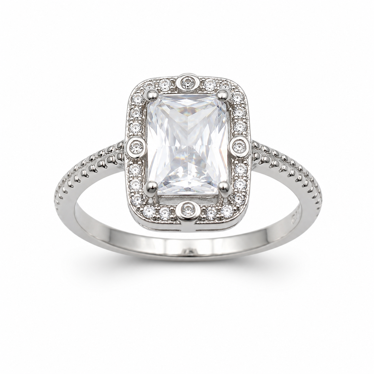 VINTAGE EMERALD HALO — ΔΑΧΤΥΛΙΔΙ ΑΣΗΜΙ 925 ΜΕ ΖΙΡΚΟΝΙΑ ΚΟΠΗ EMERALD ΚΑΙ HALO