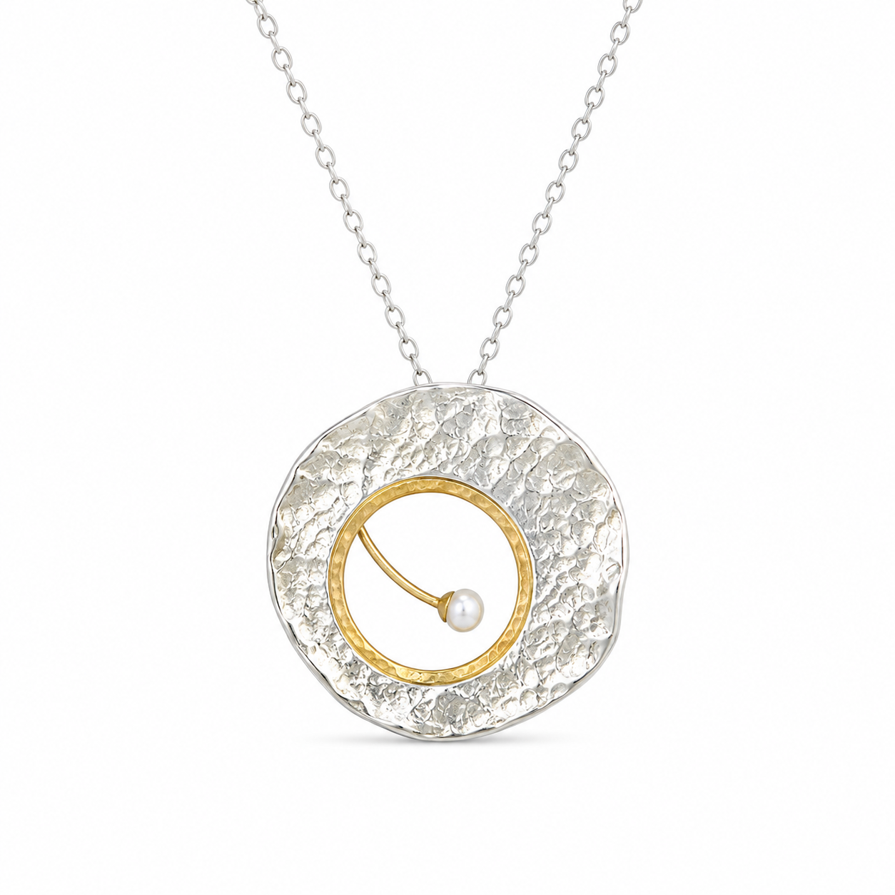 MOONDISC PEARL — ΚΟΛΙΕ ΑΣΗΜΙ 925 ΔΙΧΡΩΜΟ ΔΙΣΚΟΣ ΜΕ ΜΑΡΓΑΡΙΤΑΡΙ