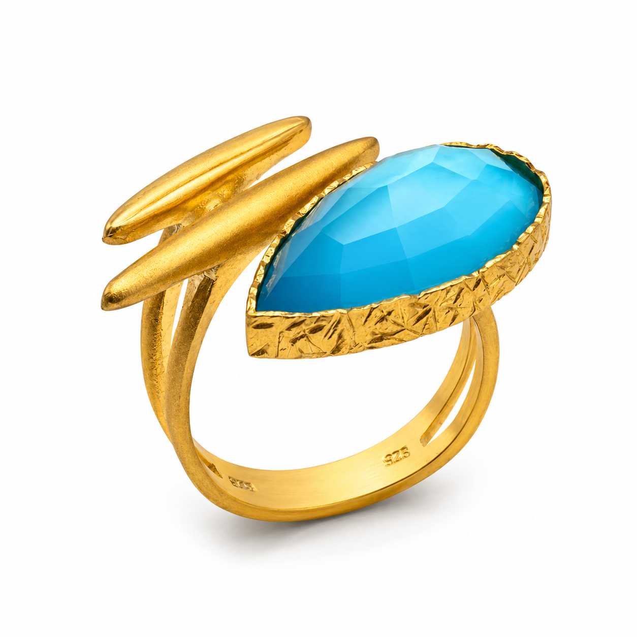 GOLDEN FLAME — ΔΑΧΤΥΛΙΔΙ ΑΣΗΜΙ 925 ΔΙΠΛΗ ΕΠΙΧΡΥΣΩΣΗ 18Κ ΜΕ BLUE TOPAZ