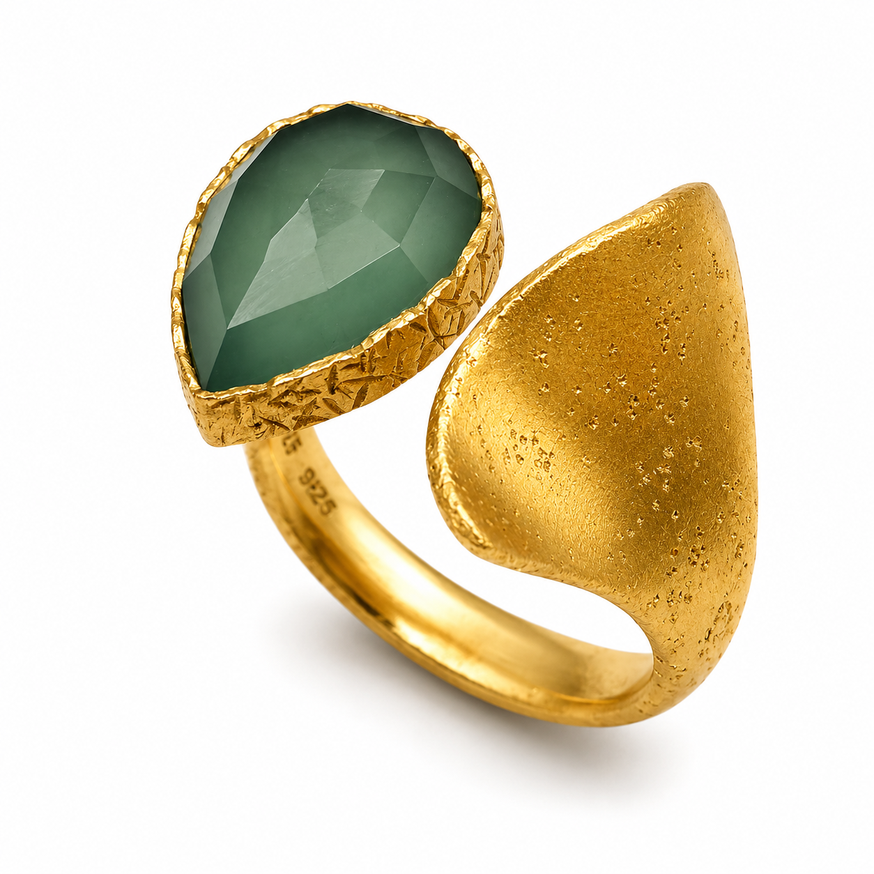 VERDE LEAF — ΔΑΧΤΥΛΙΔΙ ΑΣΗΜΙ 925 ΔΙΠΛΗ ΕΠΙΧΡΥΣΩΣΗ 18Κ ΜΕ ΠΡΑΣΙΝΗ AQUAMARINE