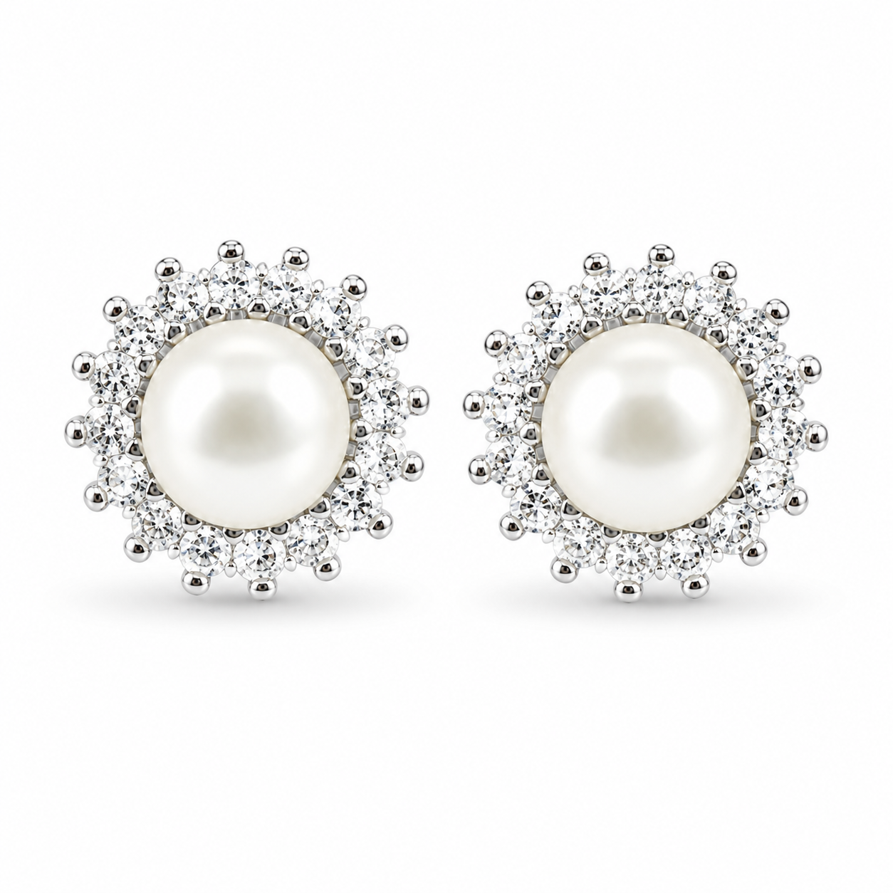 PEARL HALO STUD — ΚΑΡΦΩΤΑ ΑΣΗΜΙ 925 ΕΠΙΧΡΥΣΟ ΜΑΡΓΑΡΙΤΑΡΙ ΖΙΡΓΚΟΝ