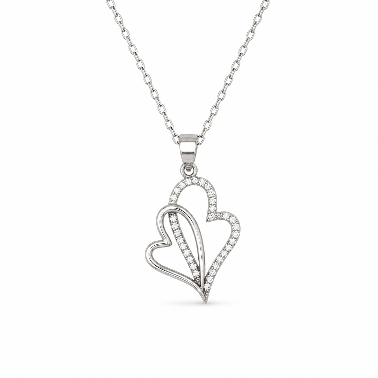 DOUBLE HEART — ΚΟΛΙΕ ΑΣΗΜΙ 925 ΔΙΠΛΗ ΚΑΡΔΙΑ ΜΕ ΖΙΡΓΚΟΝ