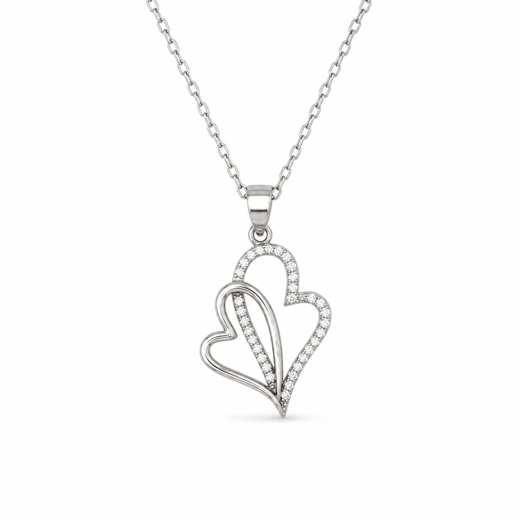DOUBLE HEART — ΚΟΛΙΕ ΑΣΗΜΙ 925 ΔΙΠΛΗ ΚΑΡΔΙΑ ΜΕ ΖΙΡΓΚΟΝ