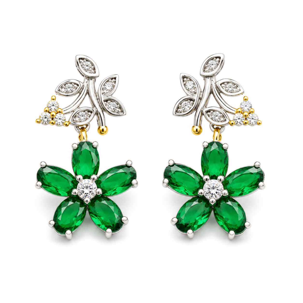 GREEN FLOWER — ΣΚΟΥΛΑΡΙΚΙΑ ΑΣΗΜΙ 925 ΜΕ ΠΡΑΣΙΝΑ ΚΡΥΣΤΑΛΛΑ ΚΑΙ ΖΙΡΓΚΟΝ