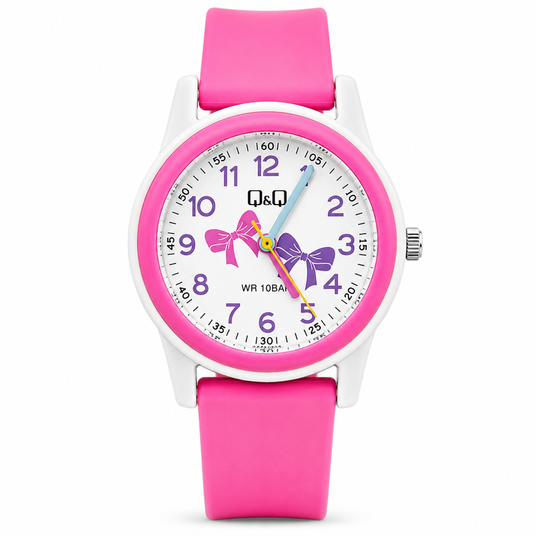 Q&Q BOW — ΠΑΙΔΙΚΟ ΡΟΛΟΙ QUARTZ ΦΙΟΓΚΟΙ ΡΟΖ ΜΩΒ