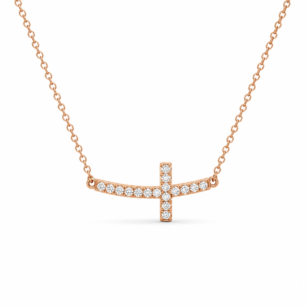 SIDEWAYS CROSS NECKLACE — ΚΟΛΙΕ ΑΣΗΜΙ 925 ROSE GOLD ΣΤΑΥΡΟΣ ΠΛΑΓΙΟΣ ΜΕ ΖΙΡΓΚΟΝ