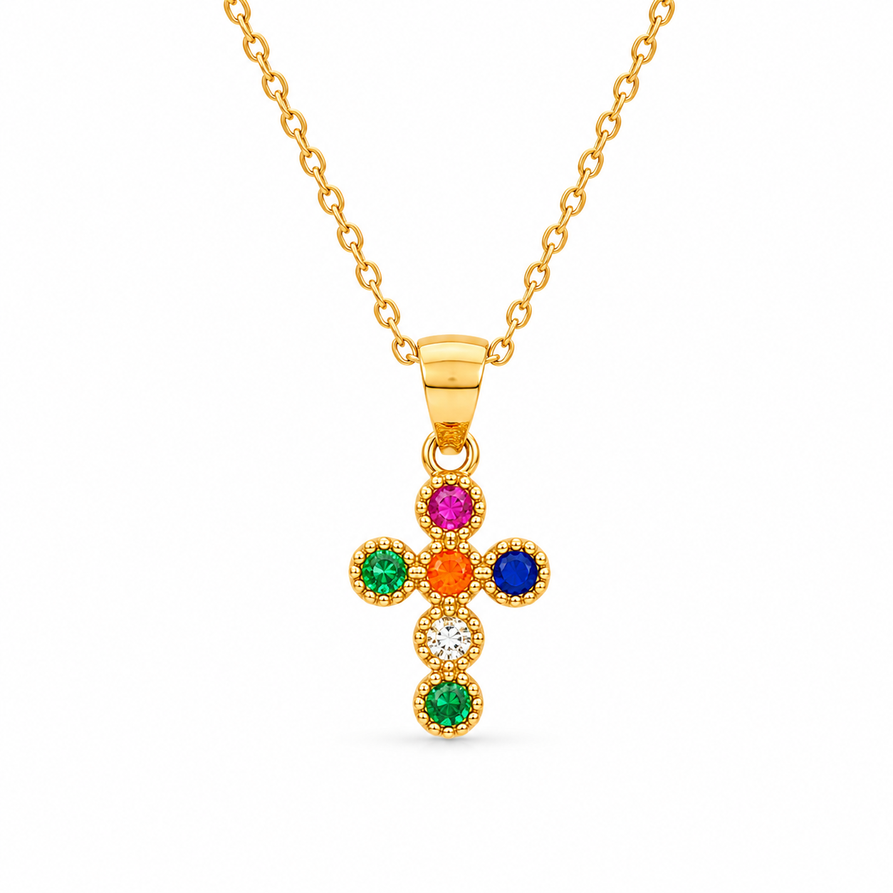 RAINBOW CROSS NECKLACE — ΚΟΛΙΕ ΑΣΗΜΙ 925 ΕΠΙΧΡΥΣΟ ΣΤΑΥΡΟΣ ΜΕ ΠΟΛΥΧΡΩΜΑ ΖΙΡΓΚΟΝ
