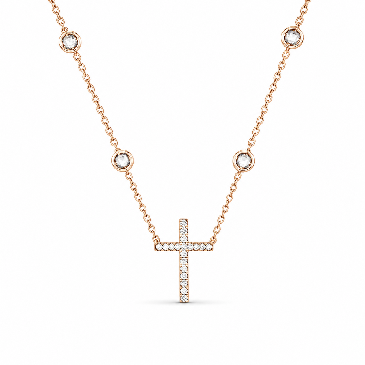 TWO-TONE STATION CROSS NECKLACE — ΚΟΛΙΕ ΑΣΗΜΙ 925 ROSE GOLD ΣΤΑΥΡΟΣ ΡΟΔΙΟ ΜΕ ΖΙΡΓΚΟΝ