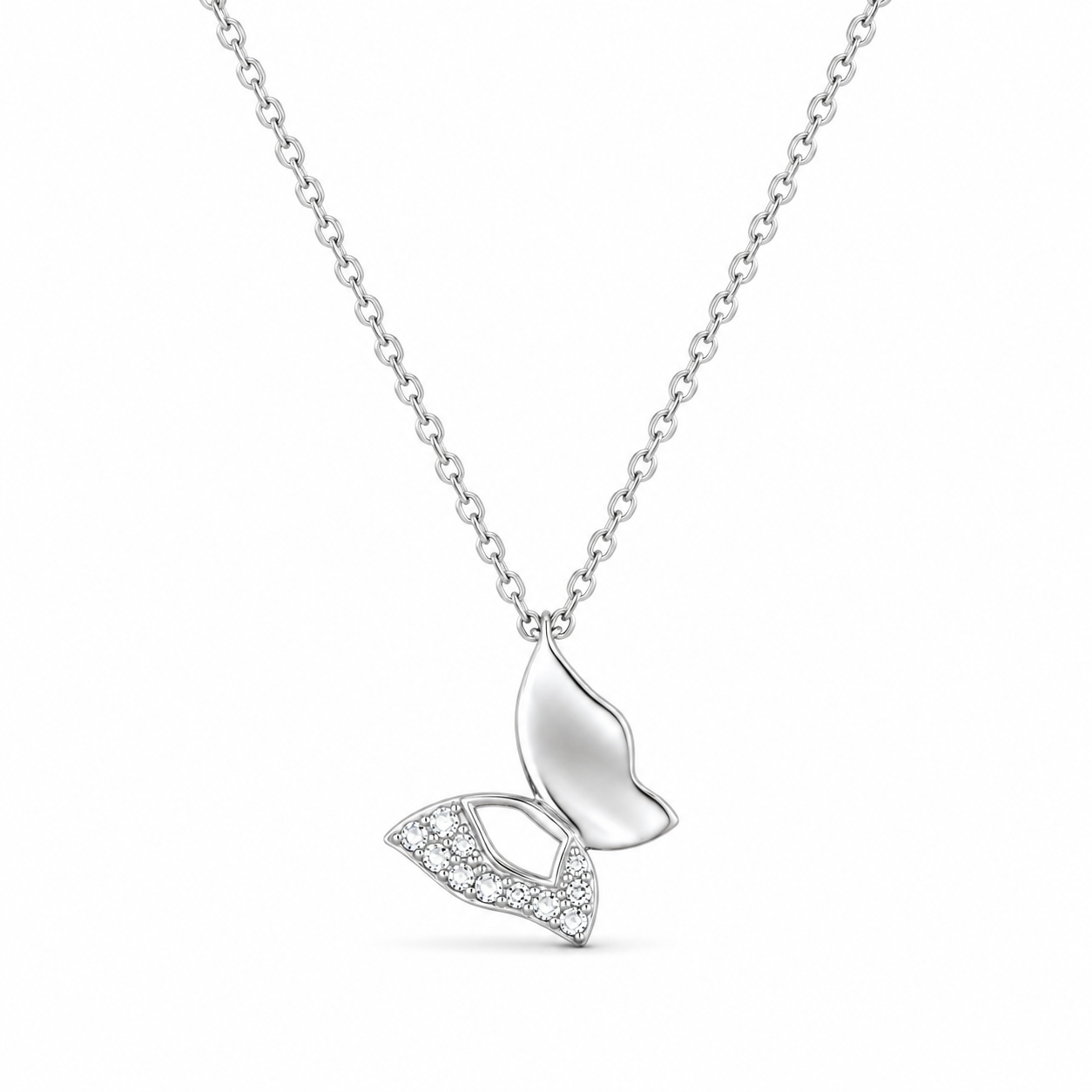 HALF SHIMMER BUTTERFLY NECKLACE — ΚΟΛΙΕ ΑΣΗΜΙ 925 ΡΟΔΙΟ ΠΕΤΑΛΟΥΔΑ ΜΕ ΖΙΡΓΚΟΝ