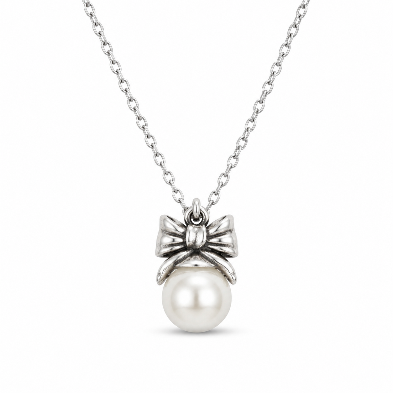 PEARL BOW PENDANT NECKLACE — ΚΟΛΙΕ ΑΣΗΜΙ 925 ΡΟΔΙΟ ΦΙΟΓΚΟΣ ΟΞΕΙΔΩΜΕΝΟΣ ΜΕ ΜΑΡΓΑΡΙΤΑΡΙ