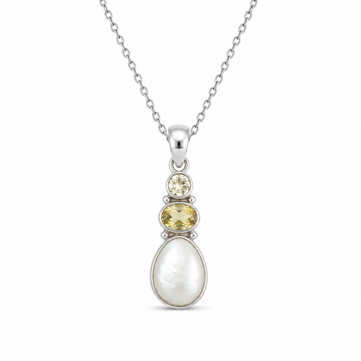 TRIPLE GEM PEARL PENDANT — ΚΟΛΙΕ ΑΣΗΜΙ 925 ΡΟΔΙΟ ΜΕ ΖΙΡΓΚΟΝ ΚΑΙ ΜΑΡΓΑΡΙΤΑΡΙ