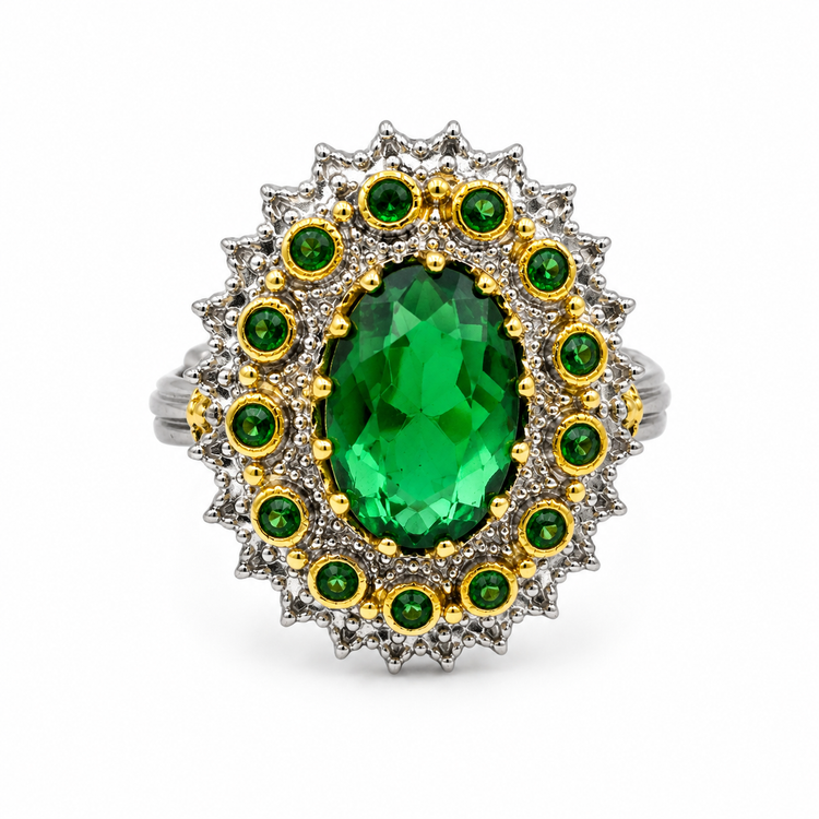 EMERALD QUEEN — ΔΑΧΤΥΛΙΔΙ ΑΣΗΜΙ 925 ΔΙΧΡΩΜΟ ΠΡΑΣΙΝΟ ΚΡΥΣΤΑΛΛΟ ΔΙΠΛΟ HALO