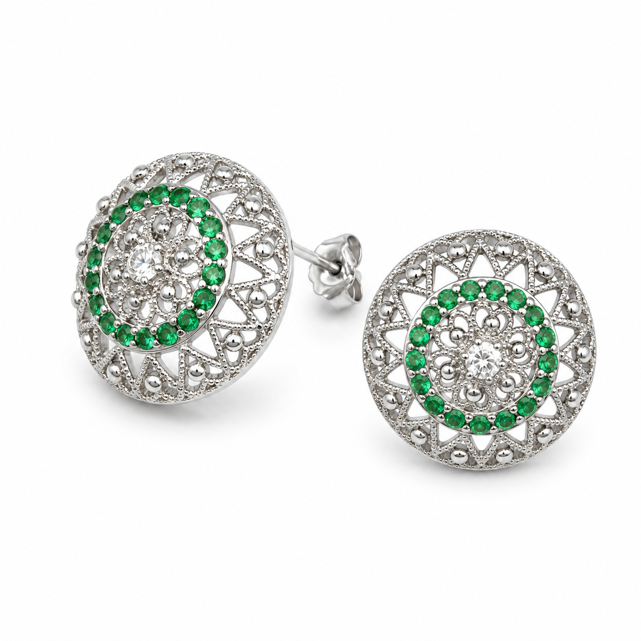EMERALD MANDALA — ΣΚΟΥΛΑΡΙΚΙΑ ΑΣΗΜΙ 925 ΜΕ ΠΡΑΣΙΝΑ & ΛΕΥΚΑ ΖΙΡΓΚΟΝ