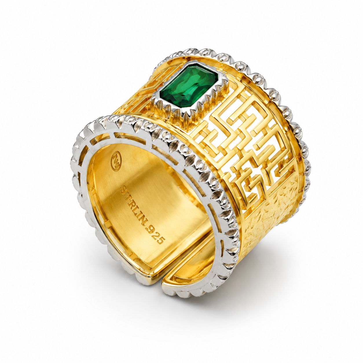 GREEK KEY EMERALD RING — ΔΑΧΤΥΛΙΔΙ ΑΣΗΜΙ 925 ΔΙΧΡΩΜΟ ΓΕΩΜΕΤΡΙΚΟ ΜΕ ΠΡΑΣΙΝΟ ΖΙΡΓΚΟΝ