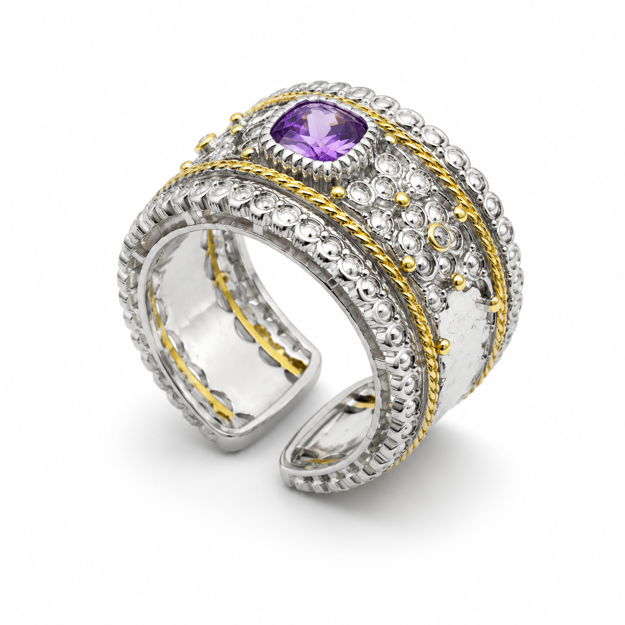 ROYAL PAVE AMETHYST RING — ΔΑΧΤΥΛΙΔΙ ΑΣΗΜΙ 925 ΔΙΧΡΩΜΟ ΦΑΡΔΙΑ ΜΠΑΝΤΑ ΜΕ ΦΥΣΙΚΟ ΑΜΕΘΥΣΤΟ