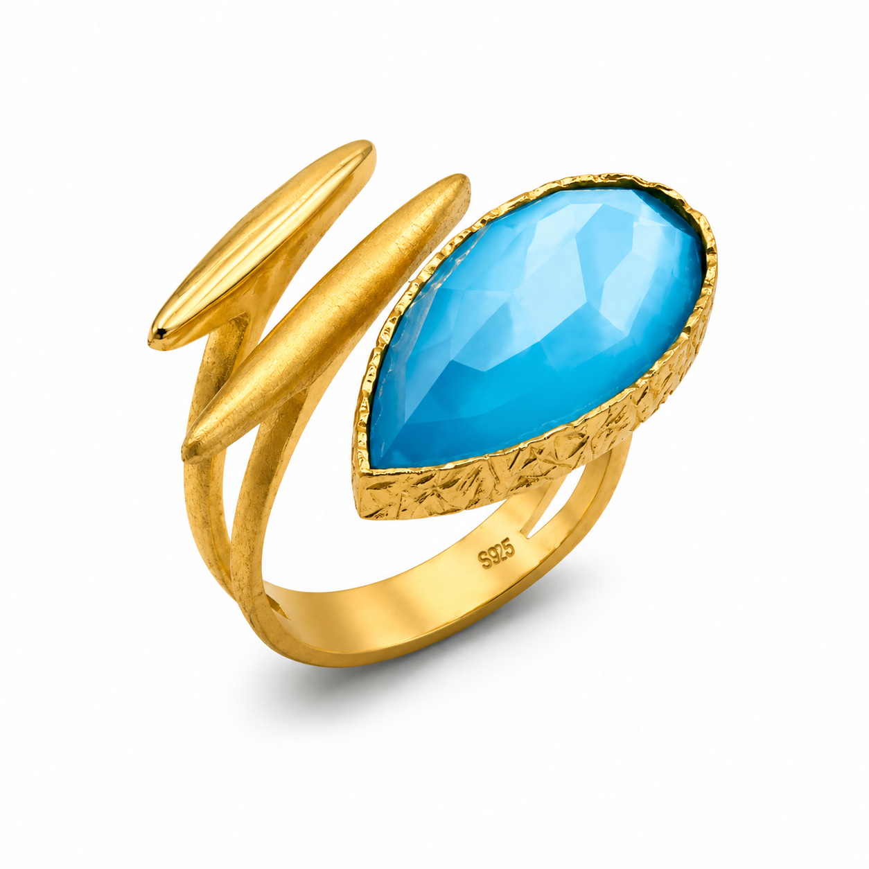 GOLDEN FLAME — ΔΑΧΤΥΛΙΔΙ ΑΣΗΜΙ 925 ΔΙΠΛΗ ΕΠΙΧΡΥΣΩΣΗ 18Κ ΜΕ BLUE TOPAZ