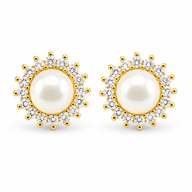 PEARL HALO STUD — ΚΑΡΦΩΤΑ ΑΣΗΜΙ 925 ΕΠΙΧΡΥΣΟ ΜΑΡΓΑΡΙΤΑΡΙ ΖΙΡΓΚΟΝ
