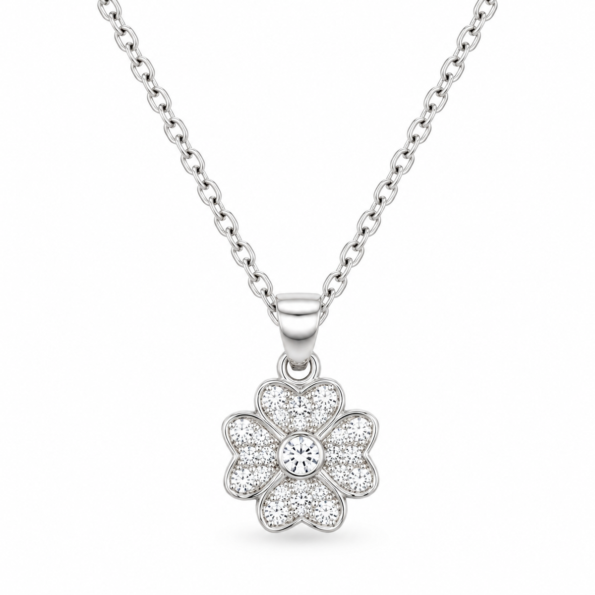 FOUR LEAF PAVE — ΚΟΛΙΕ ΑΣΗΜΙ 925 ΤΕΤΡΑΦΥΛΛΟ ΤΡΙΦΥΛΛΙ ΜΕ ΠΑΒΕ ΖΙΡΚΟΝΙΑ