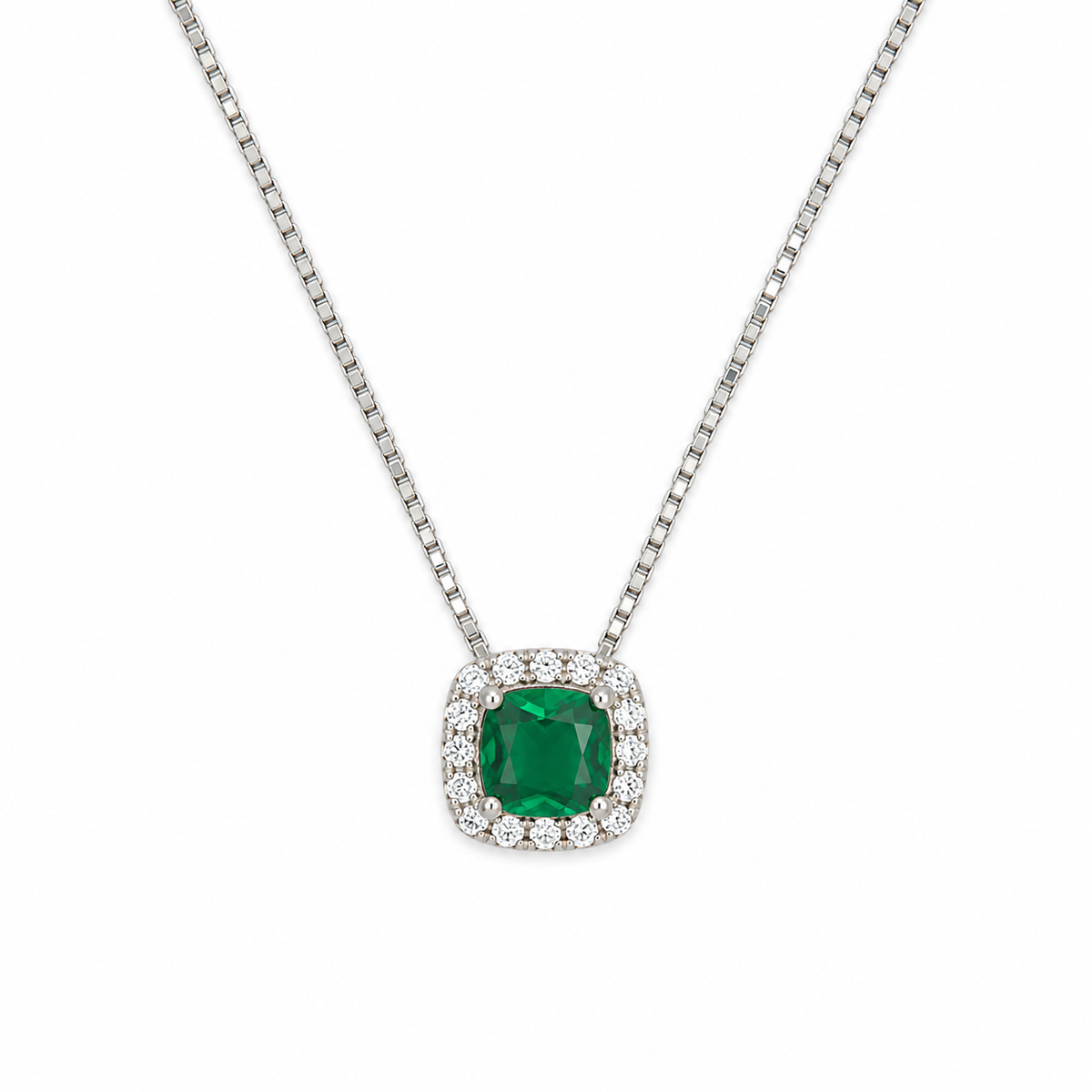 EMERALD CUSHION HALO — ΚΟΛΙΕ ΑΣΗΜΙ 925 ΜΕ ΠΡΑΣΙΝΟ ΖΙΡΚΟΝΙΑ ΚΑΙ HALO