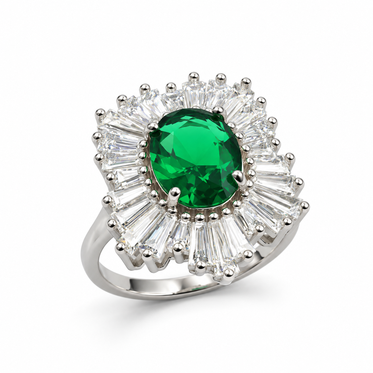 EMERALD OVAL SUNBURST — ΔΑΧΤΥΛΙΔΙ ΑΣΗΜΙ 925 ΜΕ ΟΒΑΛ ΠΡΑΣΙΝΟ ΖΙΡΚΟΝΙΑ ΚΑΙ BAGUETTE HALO