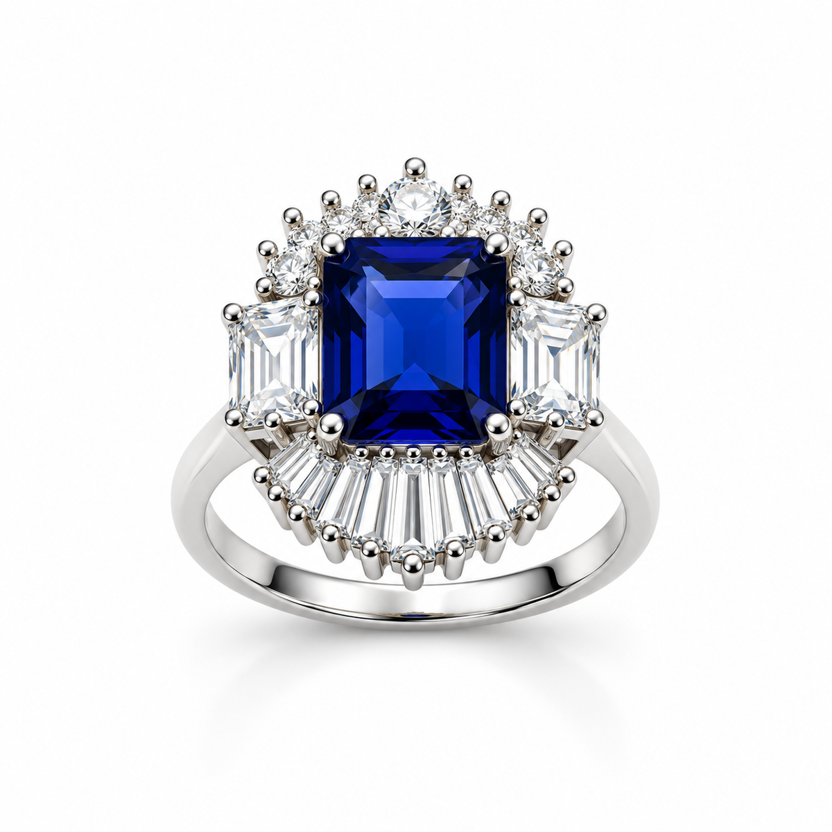 SAPPHIRE STARBURST HALO — ΔΑΧΤΥΛΙΔΙ ΑΣΗΜΙ 925 ΜΕ ΜΠΛΕ ΖΙΡΚΟΝΙΑ ΚΑΙ BAGUETTE HALO
