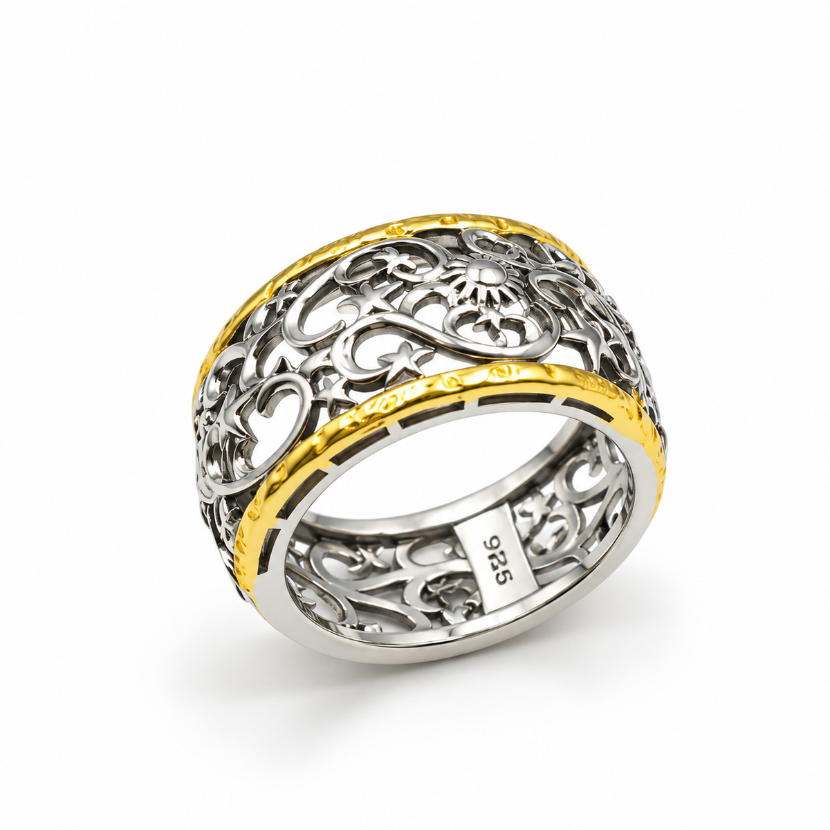 CELESTIAL FILIGREE BAND — ΔΑΧΤΥΛΙΔΙ ΑΣΗΜΙ 925 ΔΙΧΡΩΜΟ ΦΙΛΙΓΚΡΑΝ ΑΣΤΕΡΙΑ ΚΑΙ ΗΛΙΟΣ