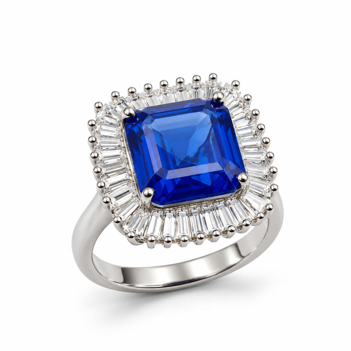 SAPPHIRE SQUARE SUNBURST — ΔΑΧΤΥΛΙΔΙ ΑΣΗΜΙ 925 ΜΕ ΤΕΤΡΑΓΩΝΟ ΜΠΛΕ ΖΙΡΚΟΝΙΑ ΚΑΙ BAGUETTE HALO