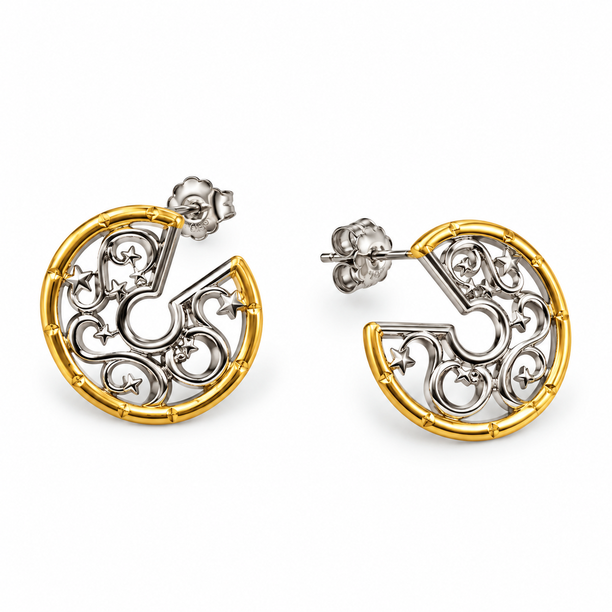 CRESCENT STAR FILIGREE STUD — ΣΚΟΥΛΑΡΙΚΙΑ ΚΑΡΦΩΤΑ ΑΣΗΜΙ 925 ΔΙΧΡΩΜΟ ΦΙΛΙΓΚΡΑΝ ΑΣΤΕΡΙΑ