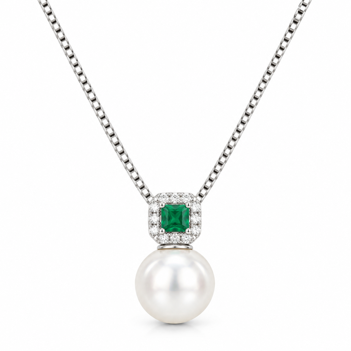 EMERALD PEARL HALO DROP — ΚΟΛΙΕ ΑΣΗΜΙ 925 ΜΕ ΜΑΡΓΑΡΙΤΑΡΙ ΚΑΙ ΠΡΑΣΙΝΟ ΖΙΡΚΟΝΙΑ HALO